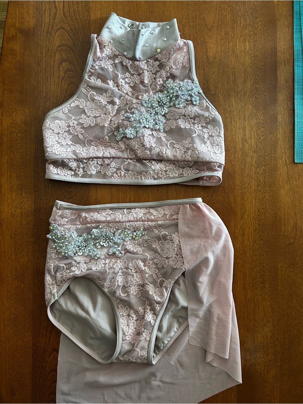 Weissman Pink High-Neck Dance Set with Rhinestoned appliqués and straps. Size MC